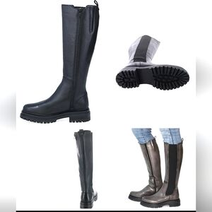 Miz Mooz Loren Black Leather Tall Pull On Knee-High Boots Lug Sole